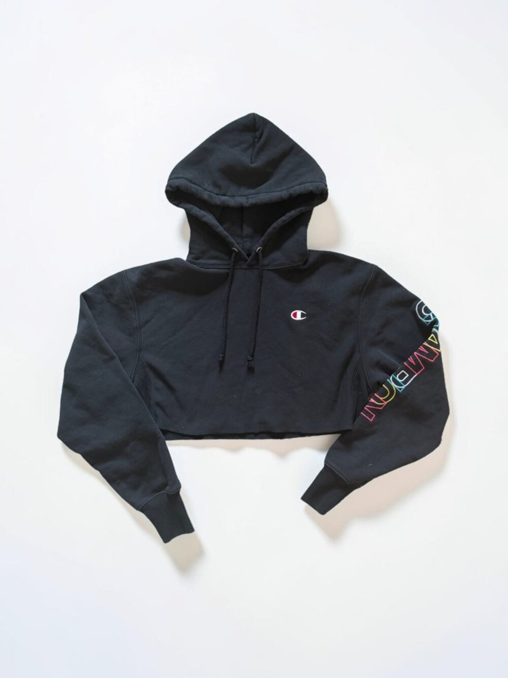 Champion Reverse Weave Cropped Hoodie Black Rainbow Sleeve Logo XS Sweatshirt